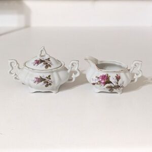 Vintage Moss Rose pattern w/ Gold Trim Creamer and Covered Sugar Set